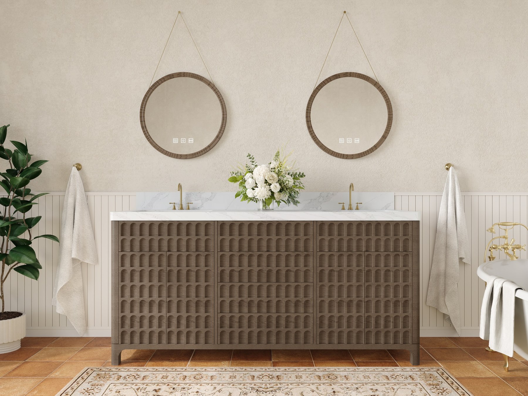 72 inch walnut double bathroom vanity with carved arch pattern doors