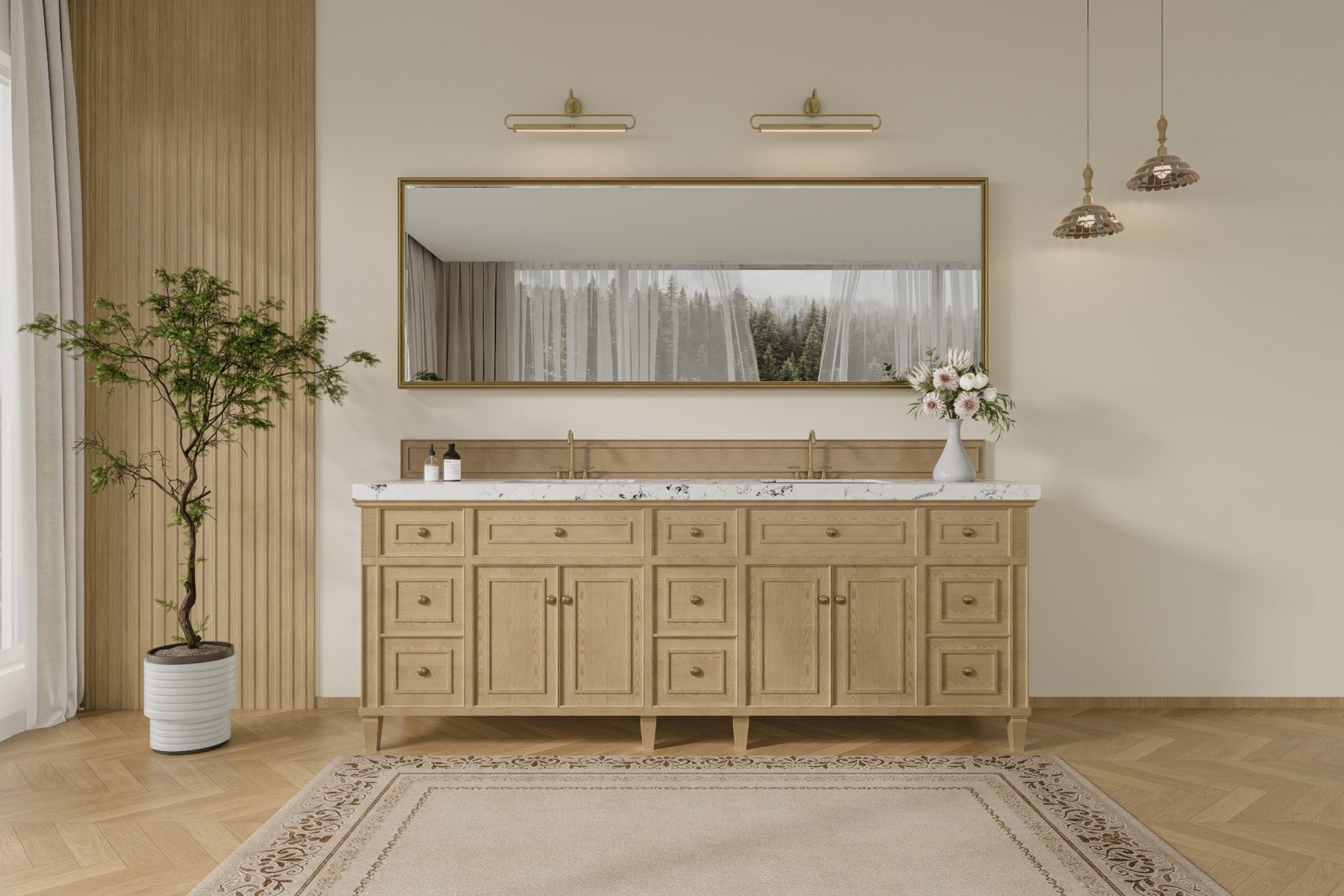 84 inch oak double bathroom vanity with brass hardware and dual sinks