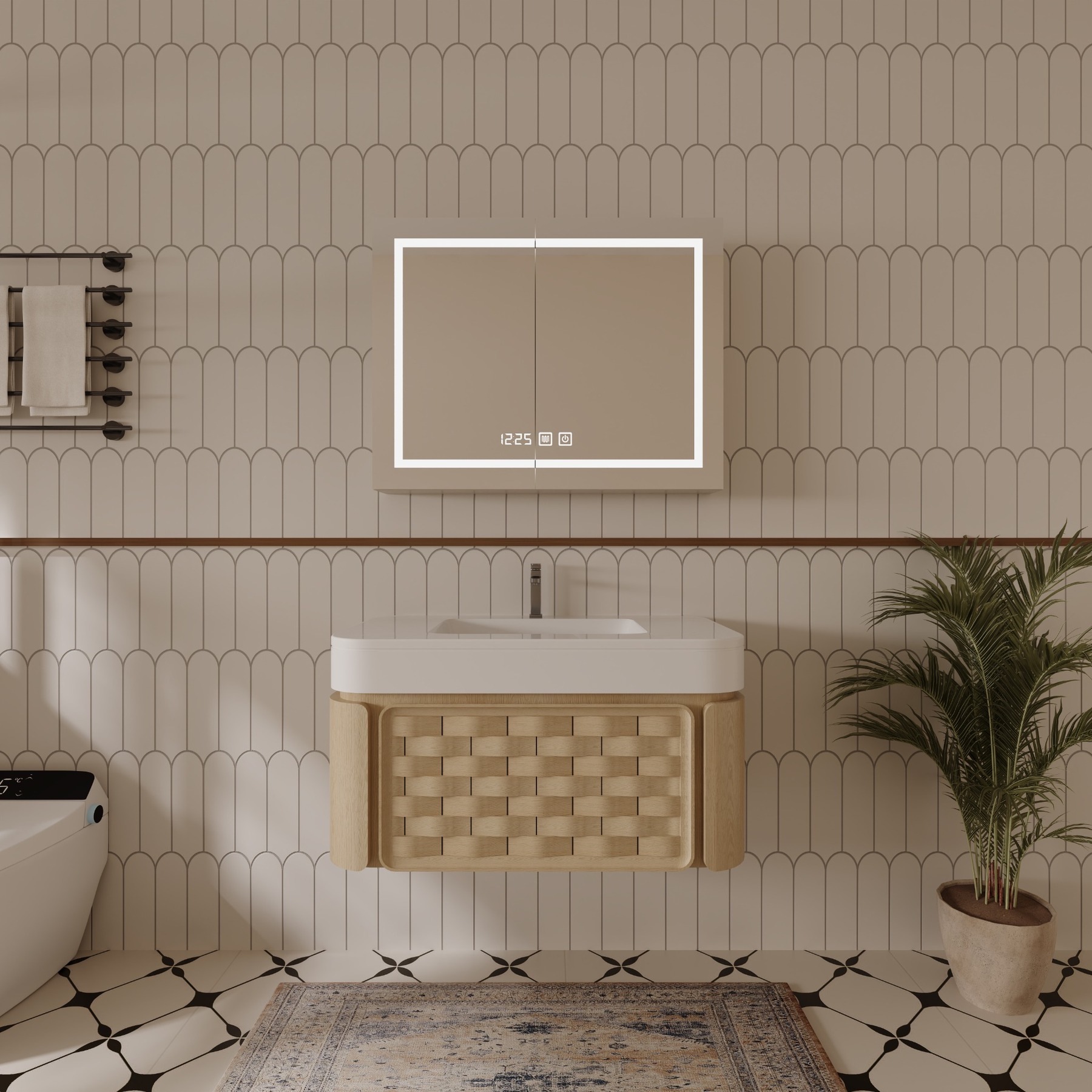 Woven cane double-basin bathroom vanity