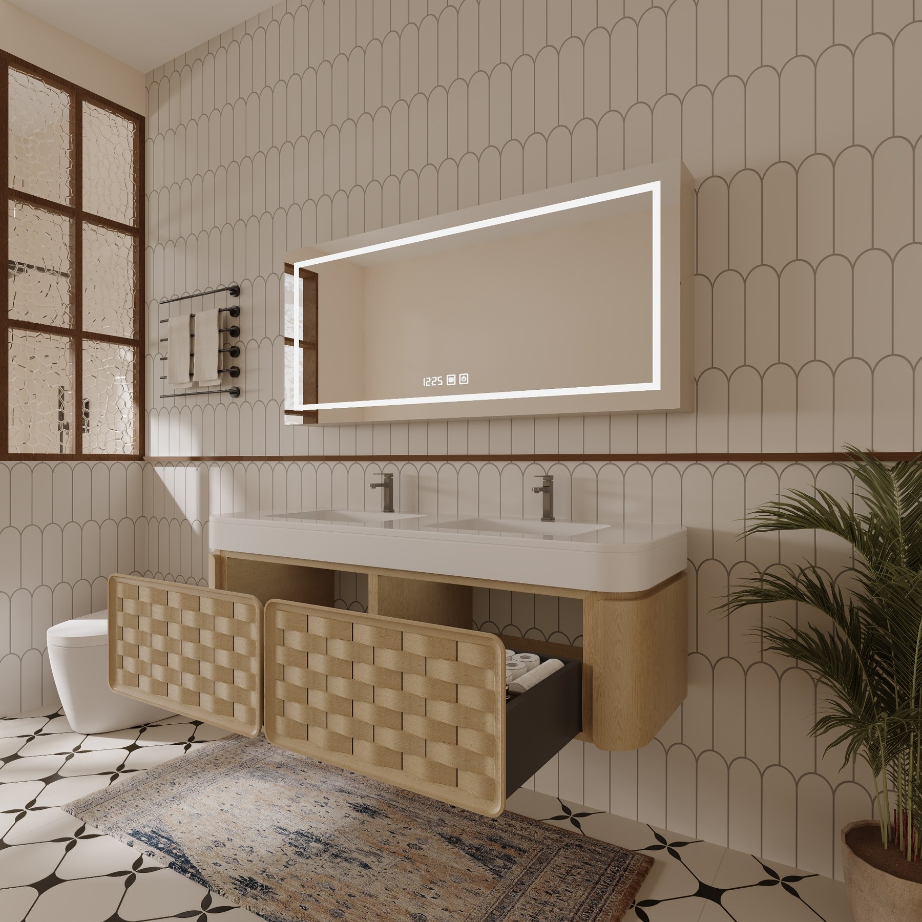 Double-mirror oak bathroom vanity with fluted drawers
