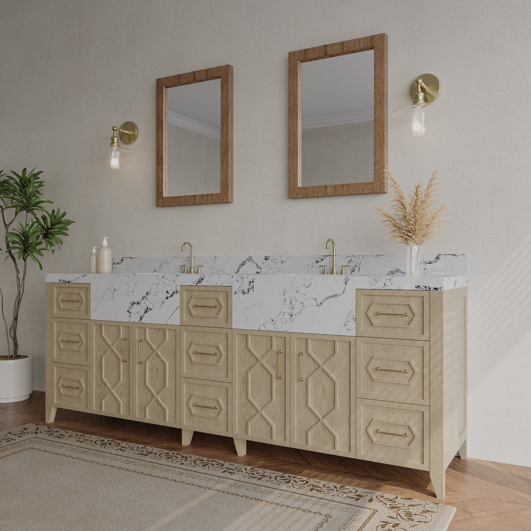 Double-mirror oak bathroom vanity with open shelf