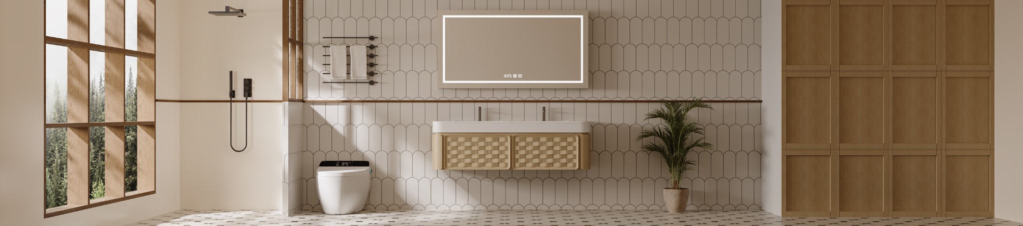 Warm wood bathroom interior with wall-mounted vanity and illuminated mirror