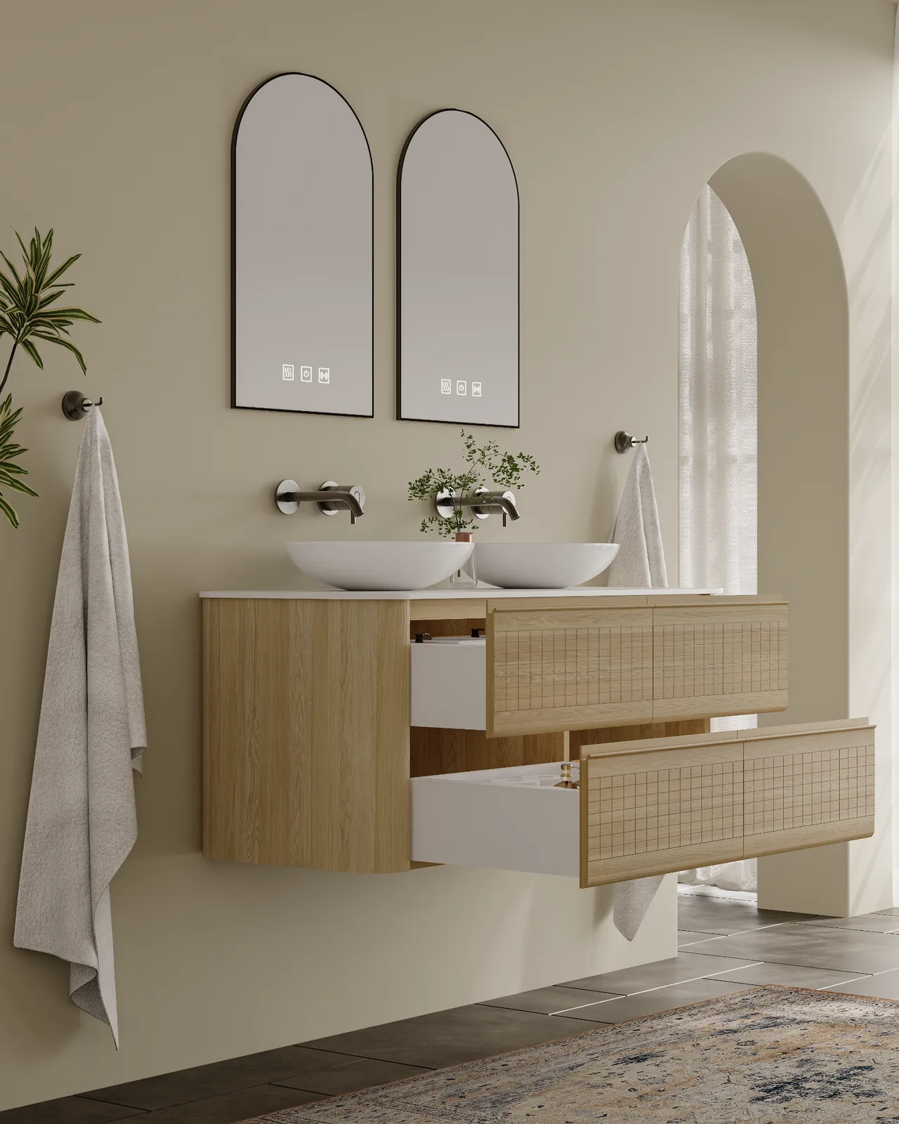 Grid 48″ Oak Textured Floating Double Vanity