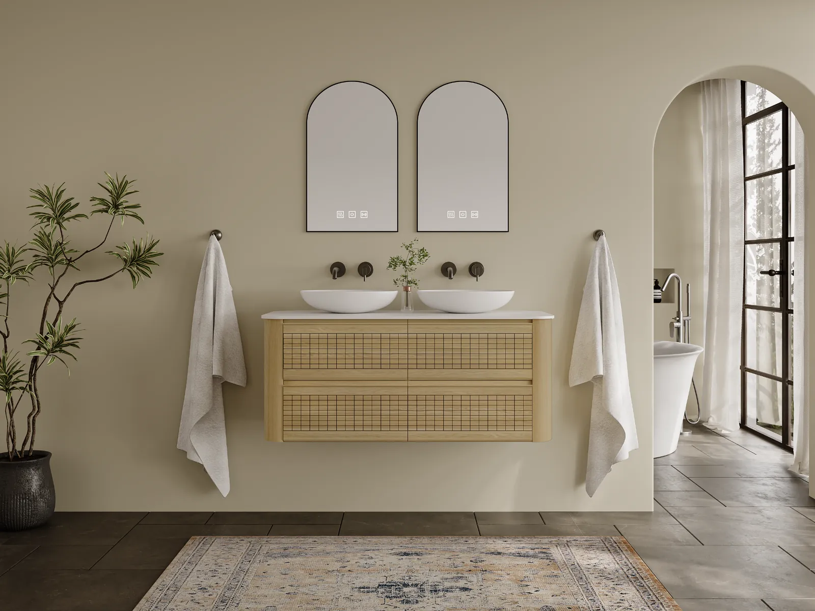 Grid 48" Oak Textured Floating Double Bathroom Vanity view 2