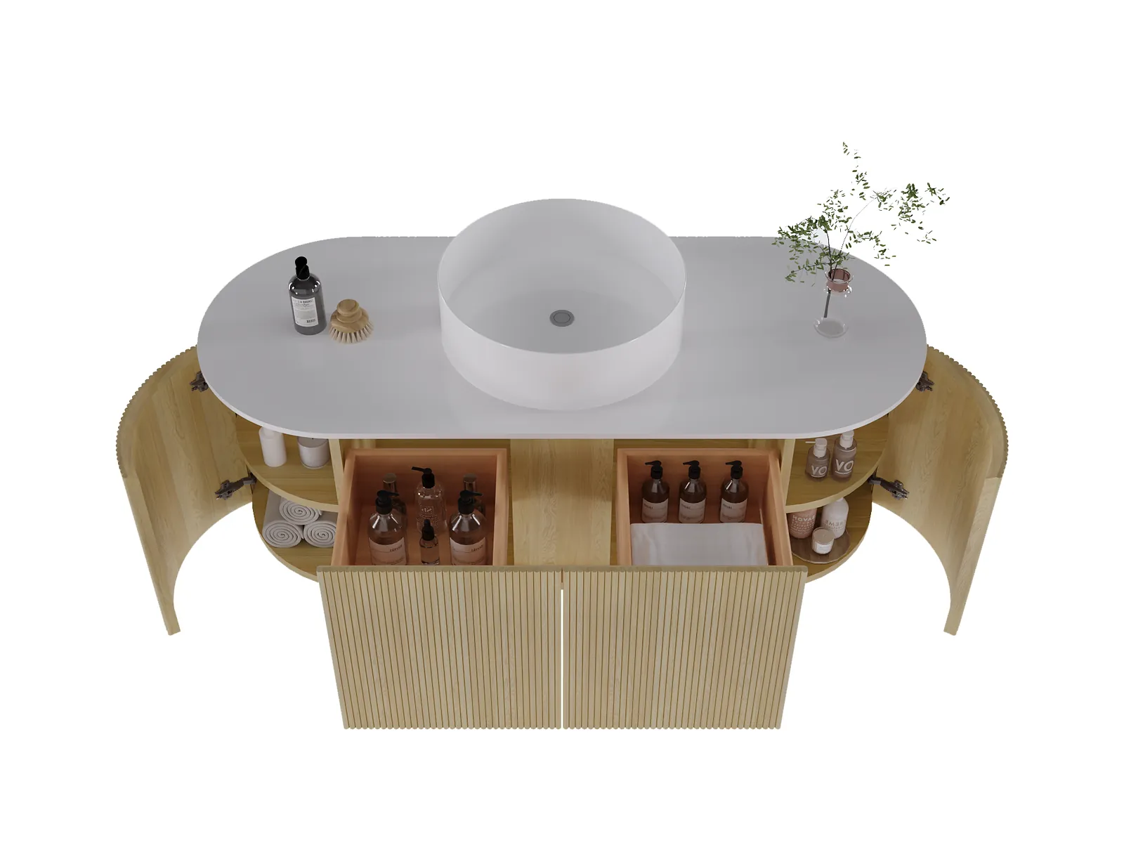 Halo 48" Oak Rounded Fluted Floating Bathroom Vanity view 2