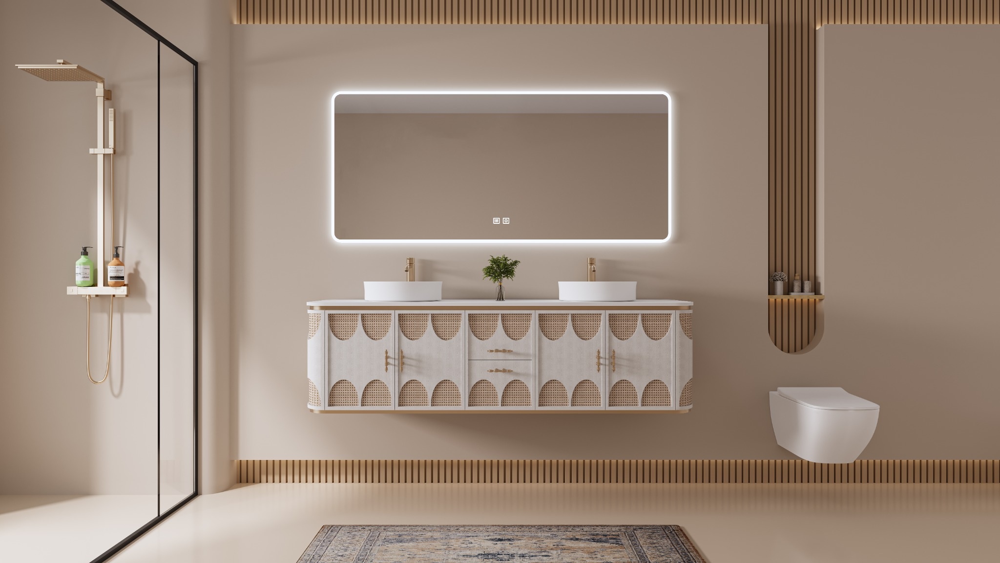 White rattan double-basin wall-mounted bathroom vanity
