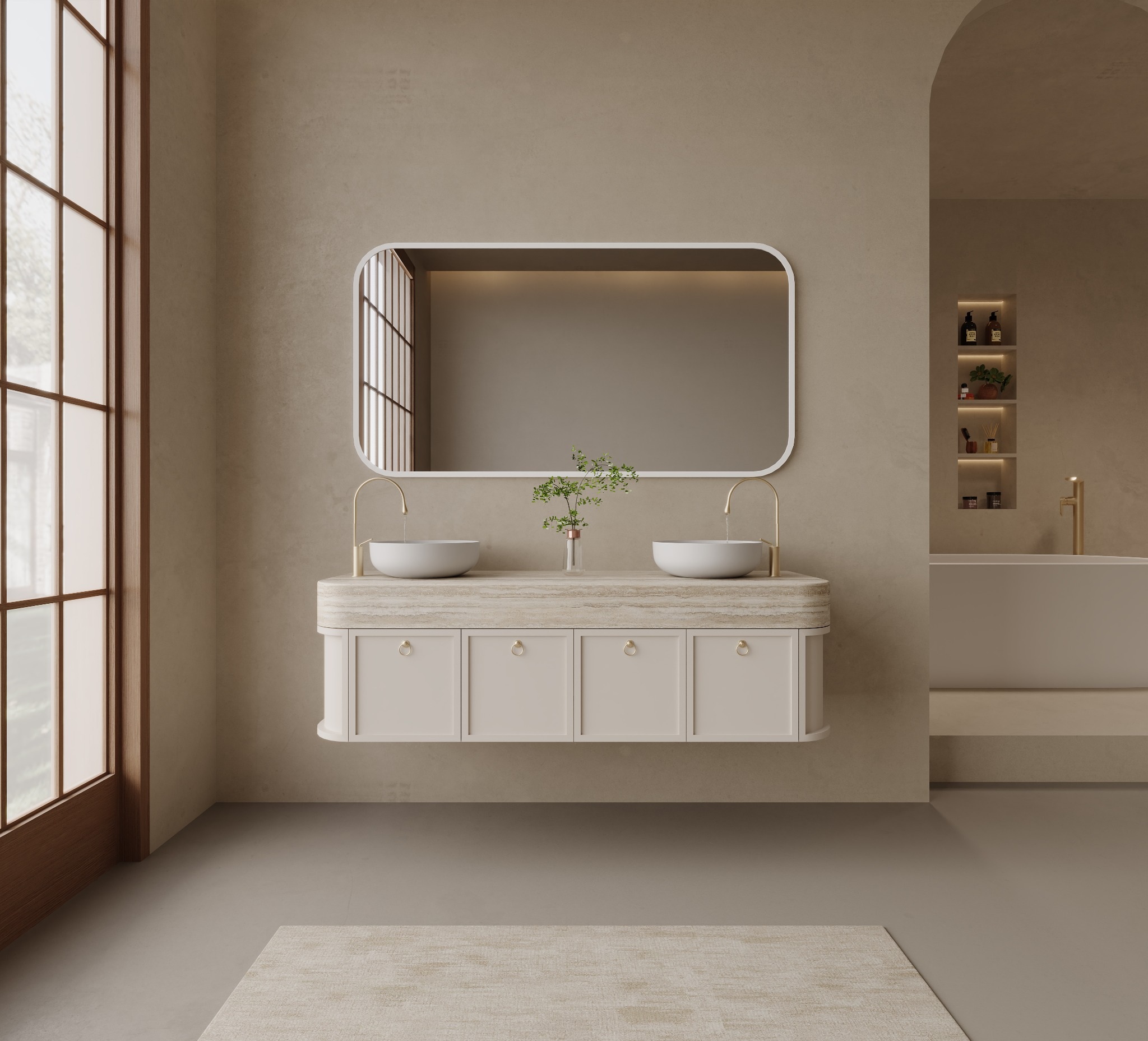 Gray-tone double-mirror bathroom vanity