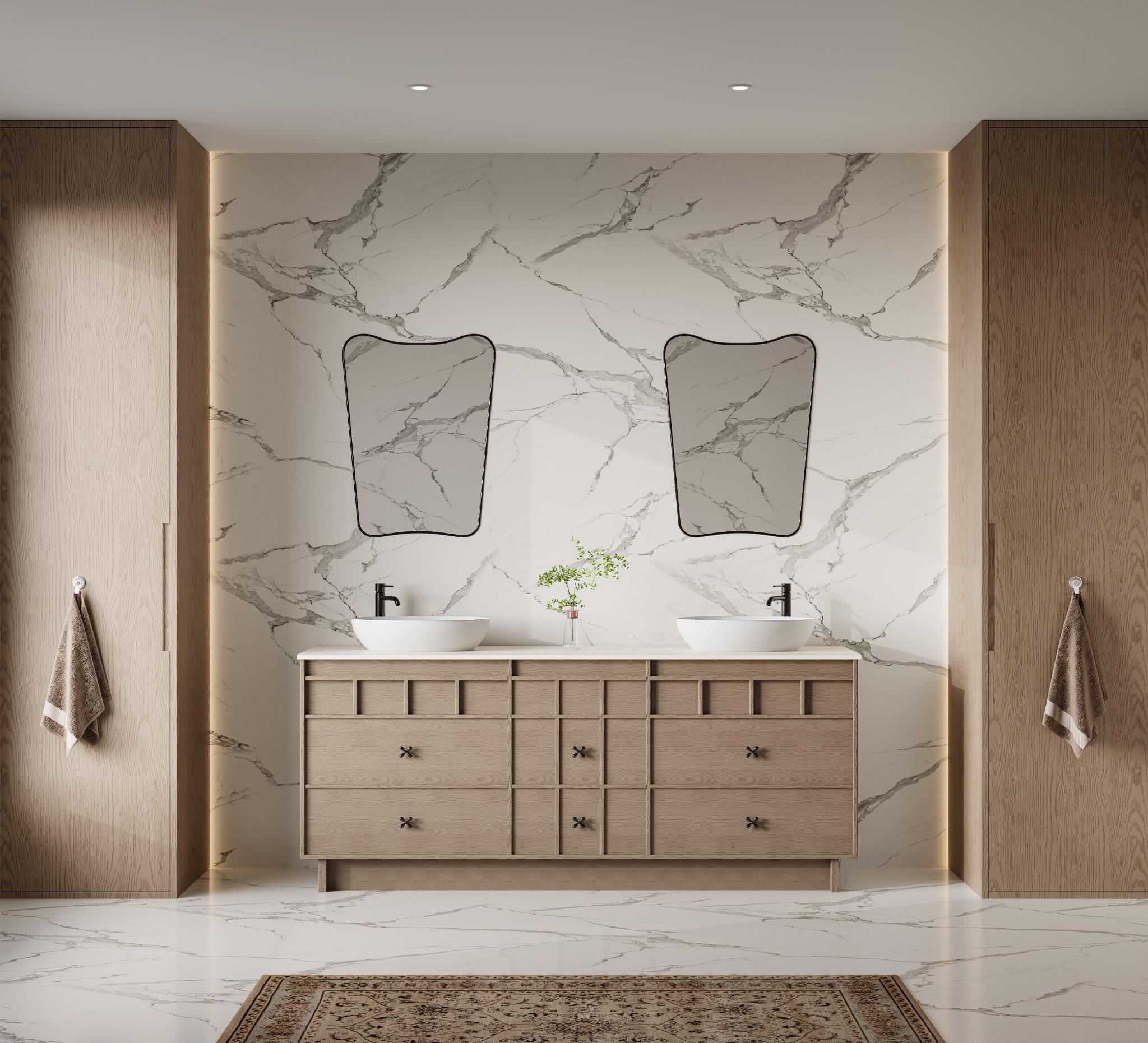 Warm-tone bathroom vanity with long mirror and pendant lights