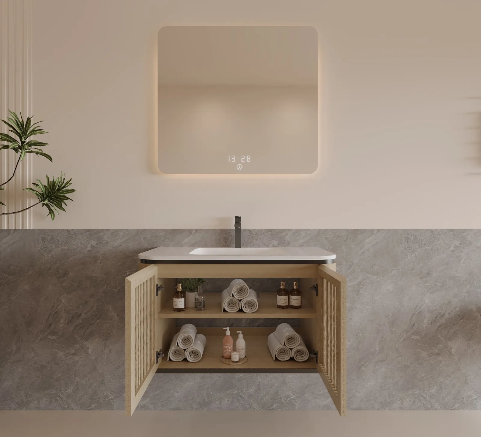 Linden 30" Natural Oak Slatted Floating Bathroom Vanity view 2