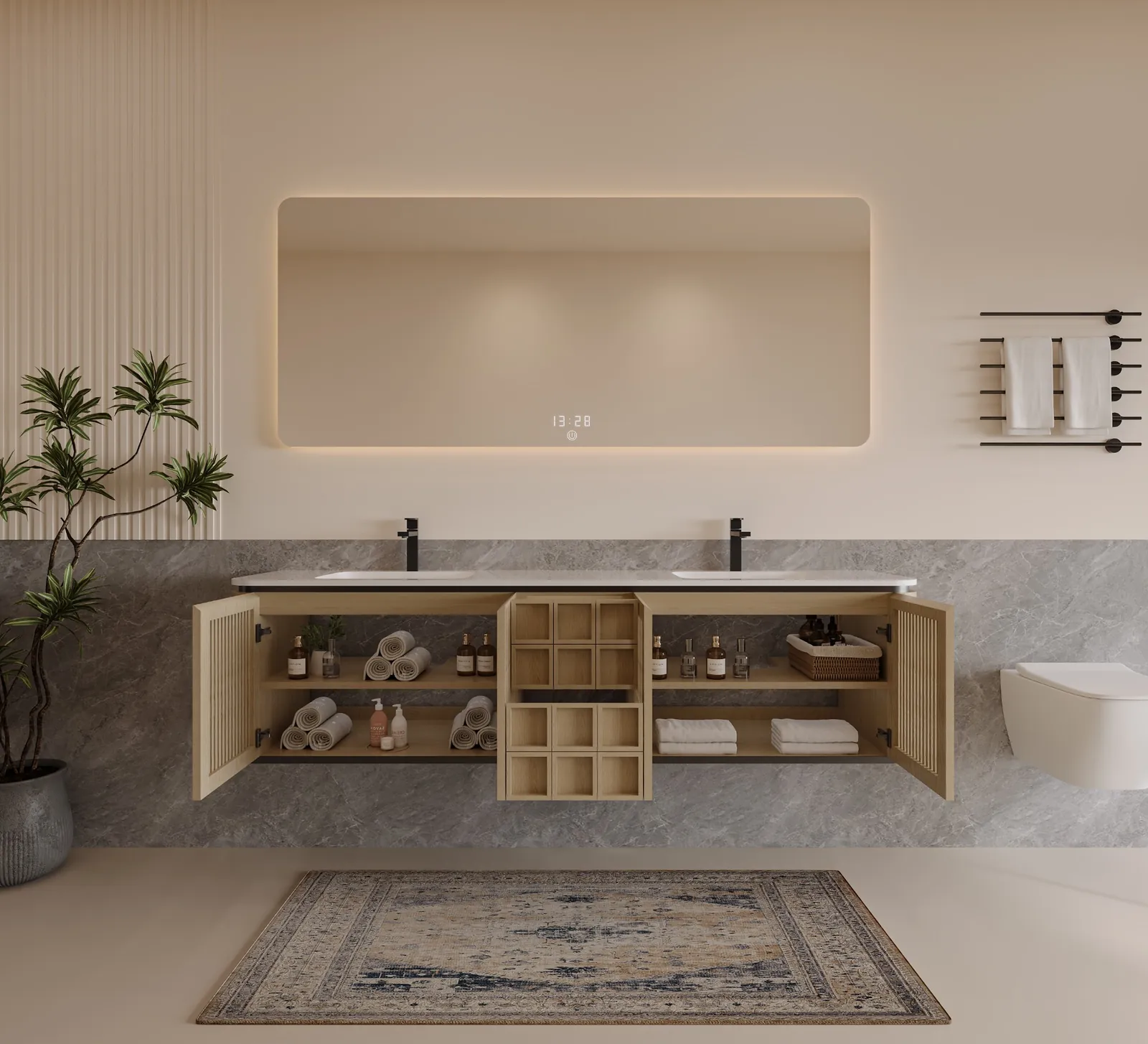 Linden 72″ Natural Oak Slatted Double Vanity