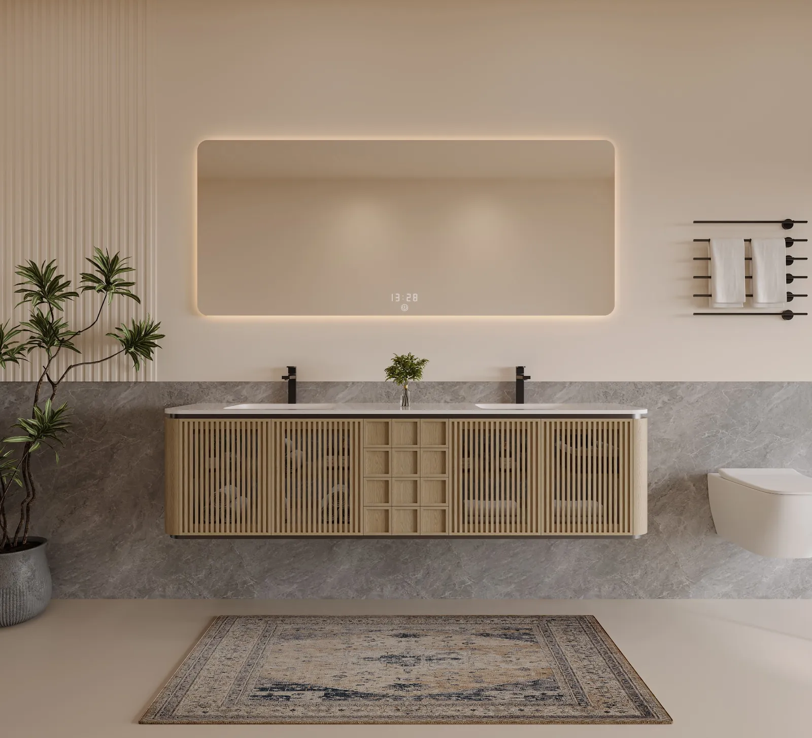 Linden 72" Natural Oak Slatted Double Bathroom Vanity view 2