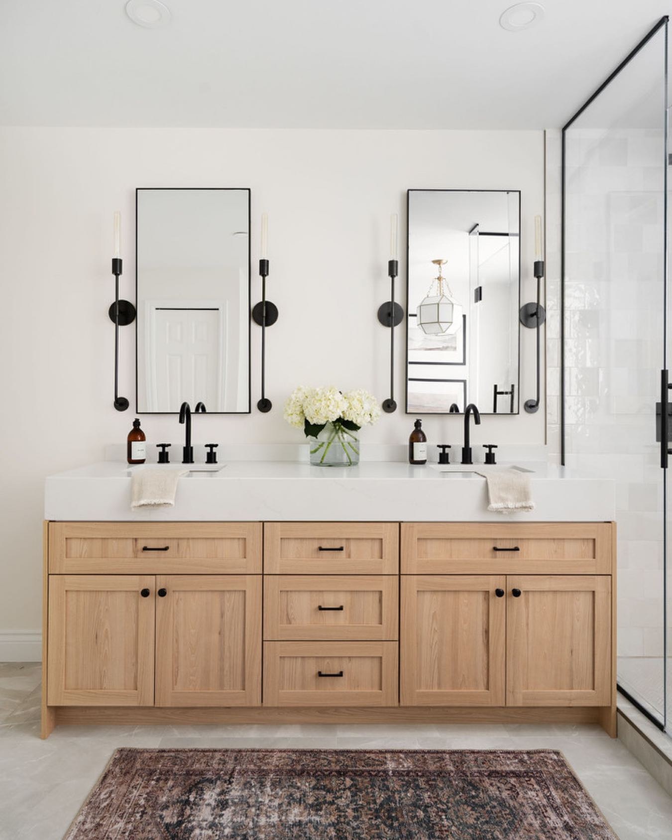 Haven Double Vanity in warm oak with black hardware