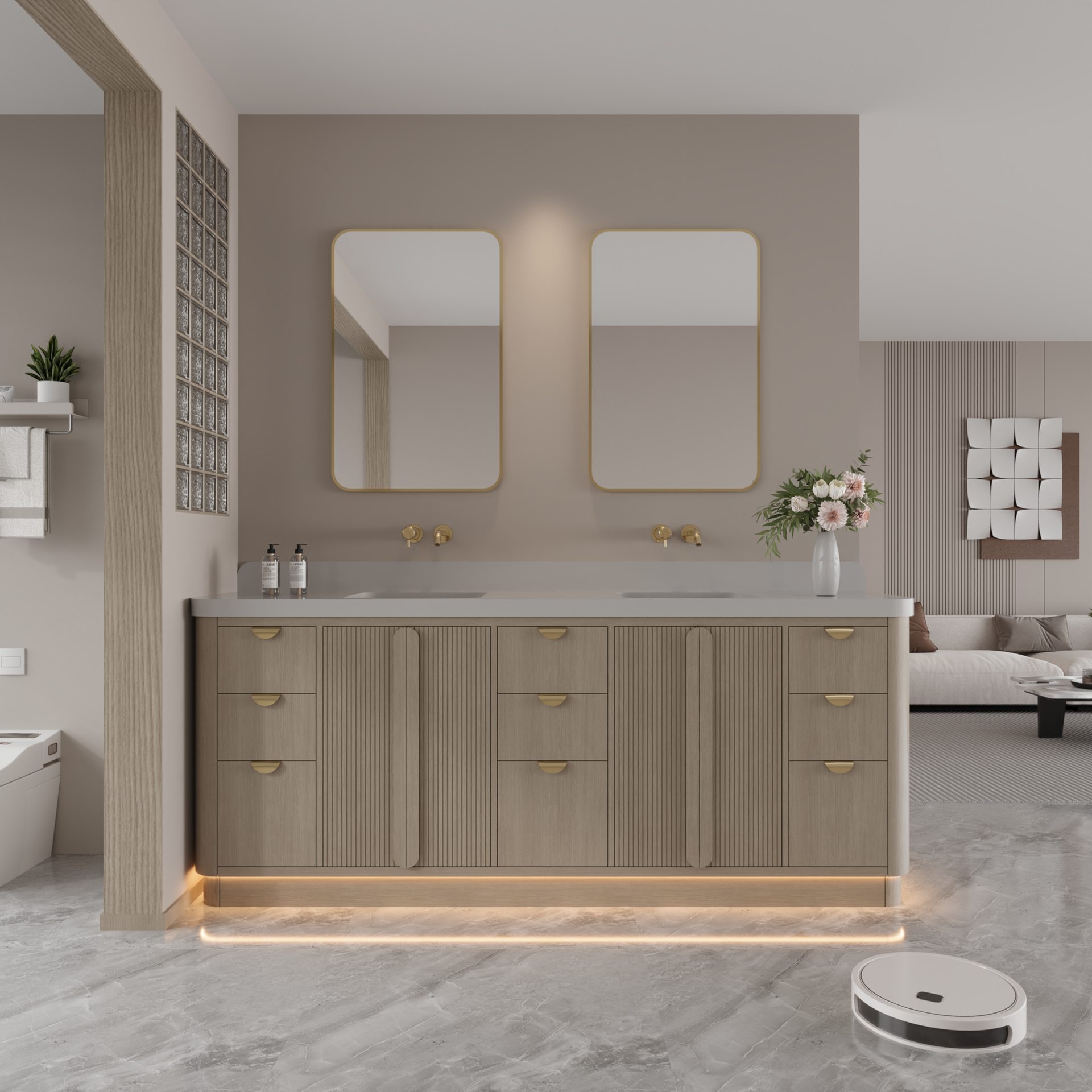Lumina Double Vanity in natural ash with LED underglow