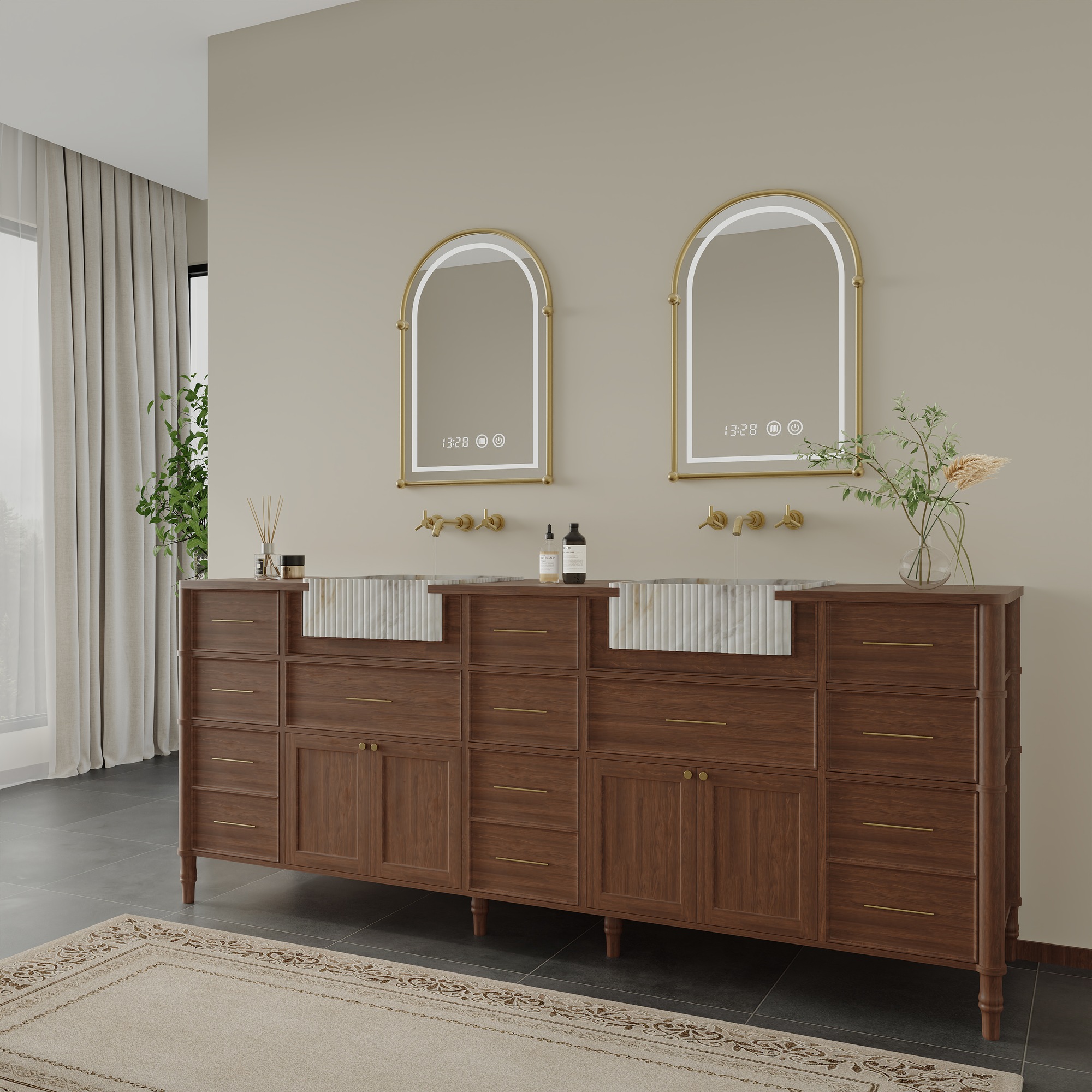Provence Double Vanity with arched brass mirrors
