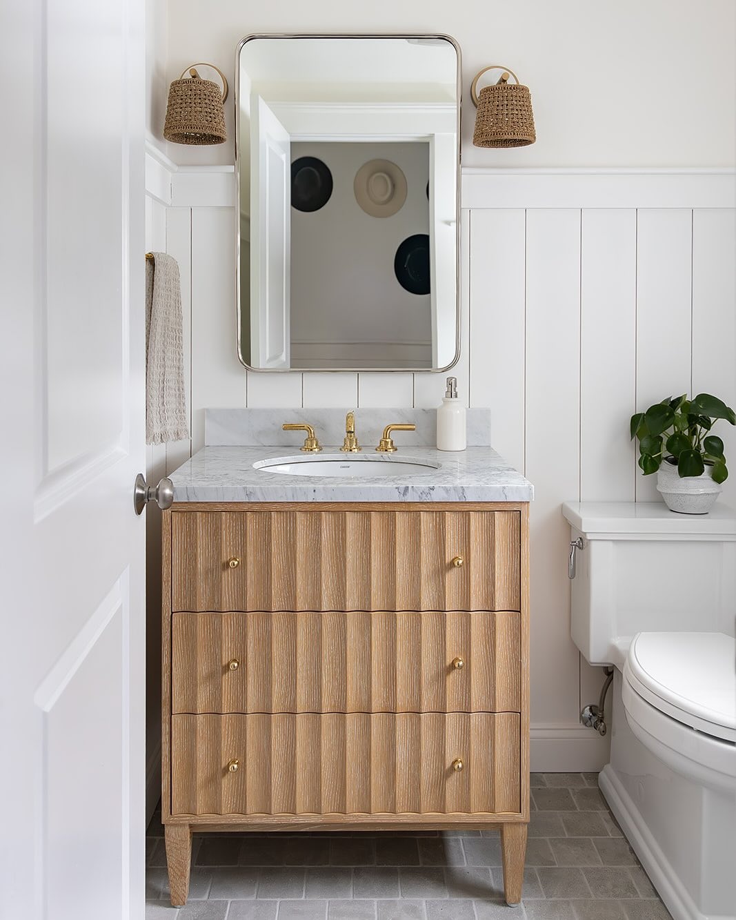 Ripple Oak Vanity with fluted wave drawer fronts