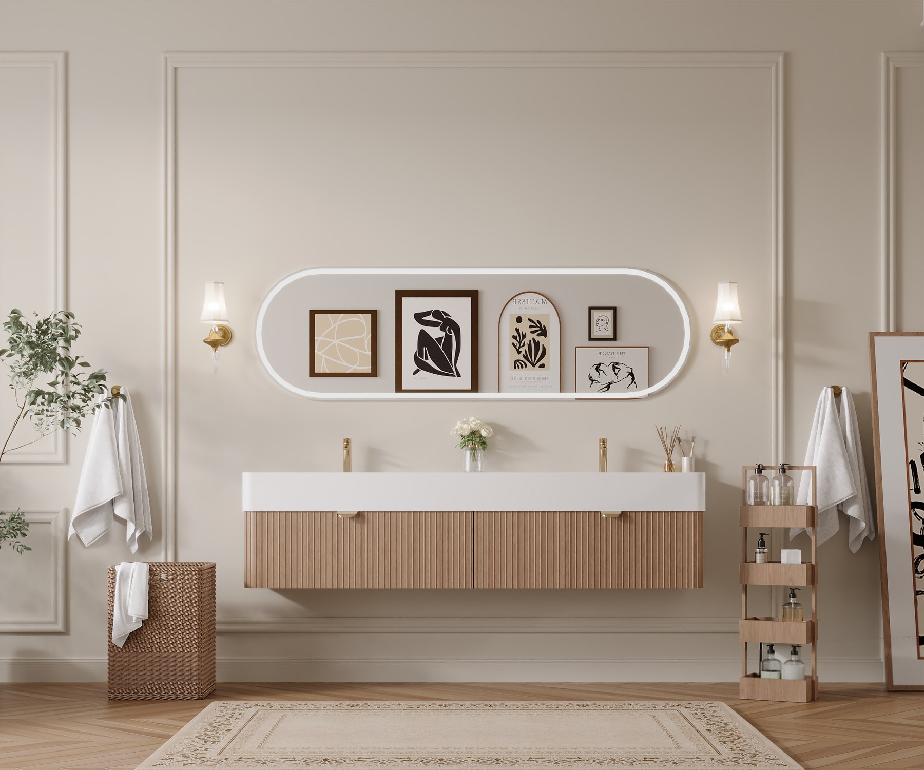 72 inch walnut floating double bathroom vanity with fluted drawer fronts
