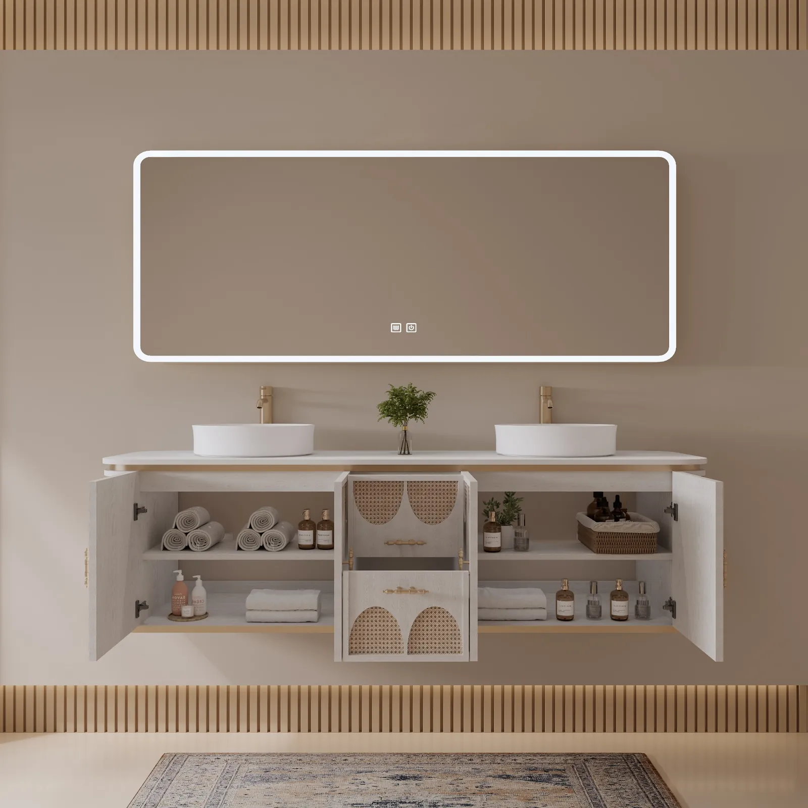 Sienna 72" White Rattan Accent Double Floating Bathroom Vanity view 2