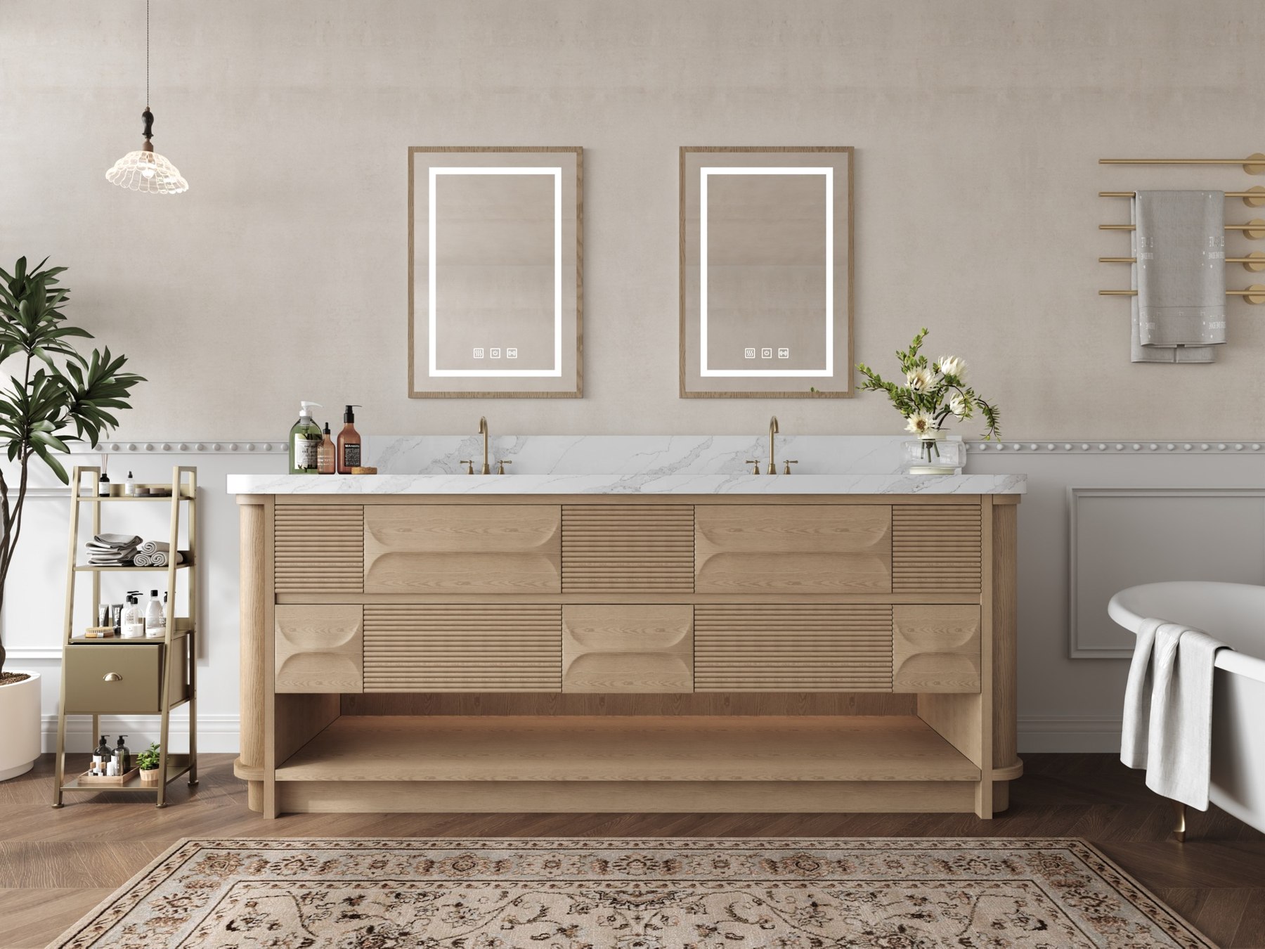 modern 84 inch oak double bathroom vanity with sculpted drawers and open shelf