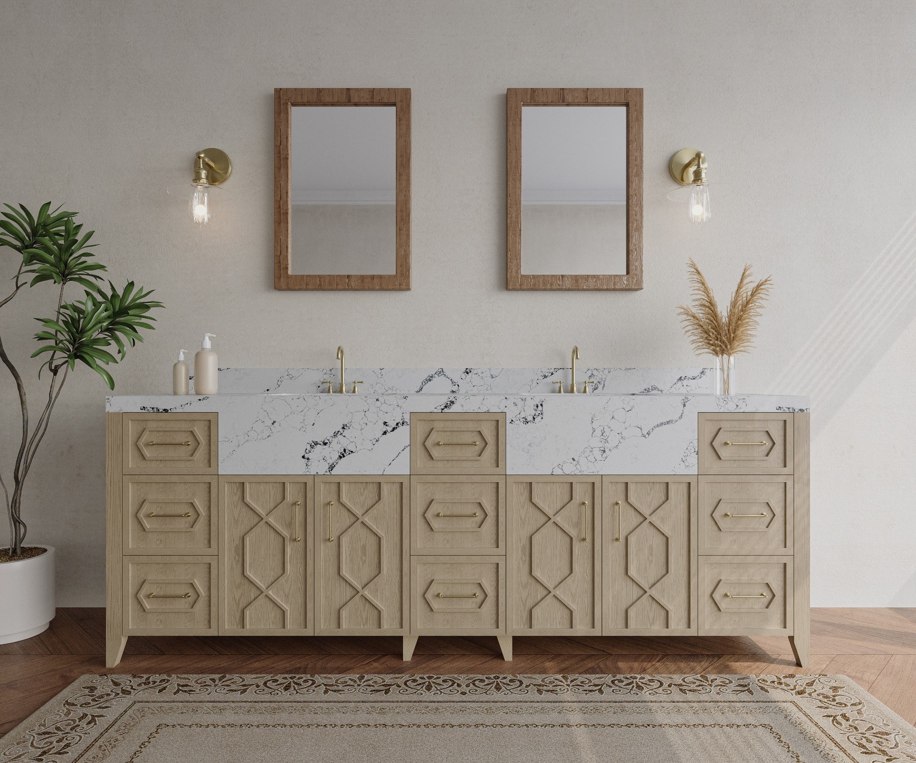84 inch oak double vanity with geometric cabinet doors and marble look top